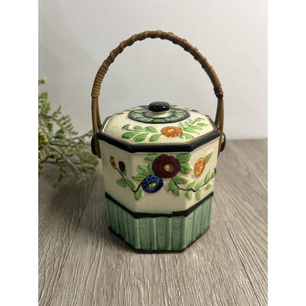 Vintage Porcelain Jar W/ Lid & Wicker Rattan Handle Floral Tea Caddy